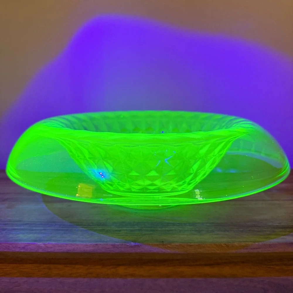 Imperial Glass Flat Diamond Green Uranium Glass Console Bowl Rolled Rim Vintage